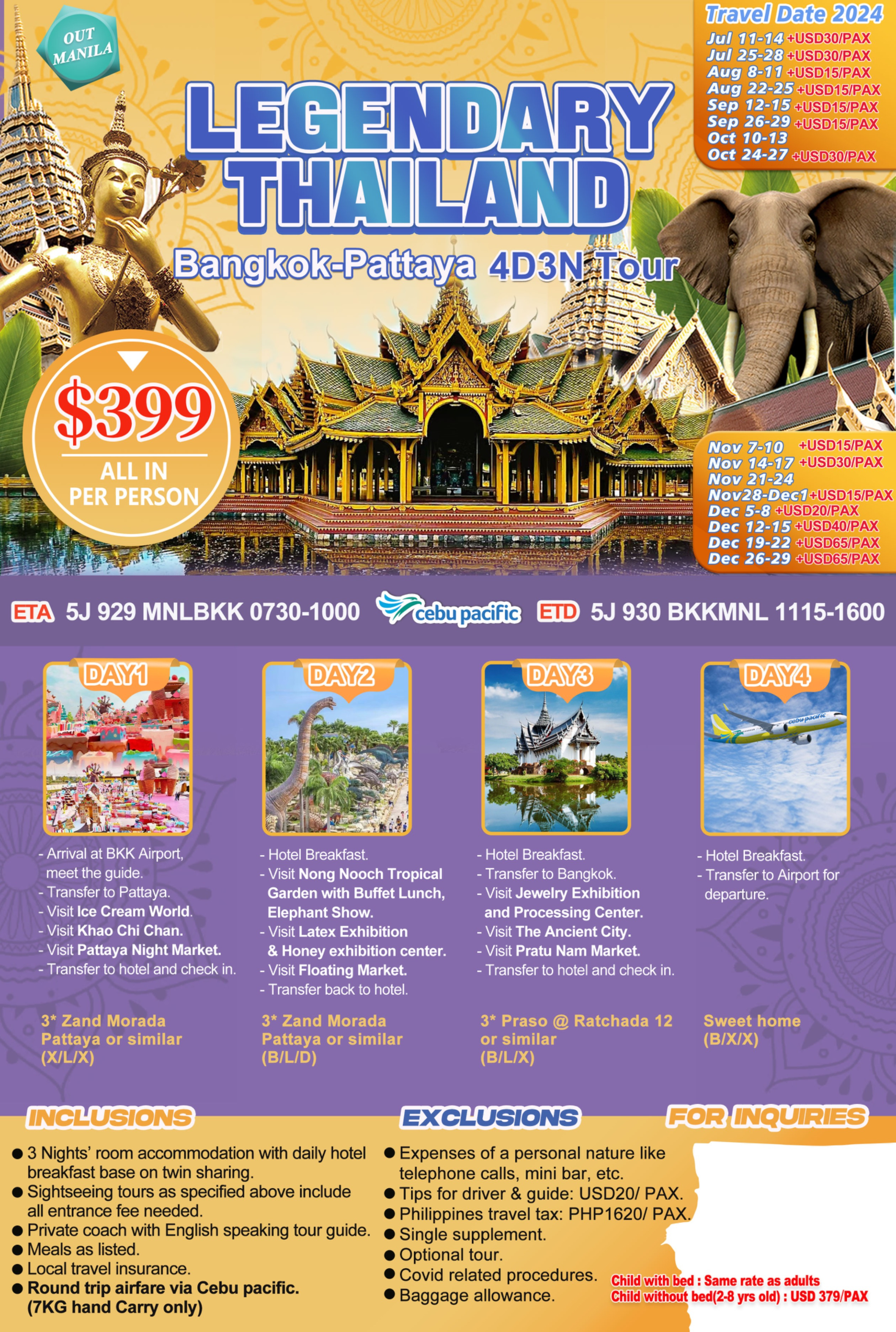 Have a wonderful escapade at one of the world's top tourist paradise. Escape the life's stress and embark on 4 days and 3 nights Bangkok and Pattaya adventure with accommodation, transfers and more for Php 29,888 per person inclusive of roundtrip airfare via Cebu Pacific!! TRAVEL DATES: 2023 SEPT 7-SEP 10 OCT 12- SEP15 OCT 19- OCT 22 OCT 29-NOV 1 OCT 30-NOV 2 NOV 16- NOV19 NOV 30-DEC 3 DEC 9-DEC12 DEC 14-DEC 17 2024 JAN 18-JAN 21 FEB 13-FEB 16 FEB 14- FEB17 FEB 22-FEB 25 MAR 28-MAR 31 APR 6-APR9 APR 7-APR10  APR 25-APR28 APR 30- MAY 3 MAY 1- MAY 4 ITINERARY: DAY 1:  MANILA - BANGKOK - PATTAYA (L/D) Arrival at BKK Airport, meet and greet. Drive to Pattaya. Visit Nong Nooch Village + Tropical Garden. Lunch at the Village. Visit at the Sanctuary of Truth. Seafood Buffet dinner. Drive to Bangkok, hotel check-in. Overnight.  DAY 2:  BANGKOK (B/L/D) Breakfast at hotel. Proceed to Damnoen Suduak Floating Market. Lunch. Proceed to Bangkok City tour (visit Wat Arun, Gems Gallery, Wat Traimit and Standing Buddha) Dinner at Local Thai Restaurant. Overnight in Bangkok. DAY 3: BANGKOK (B) Breakfast at hotel. Free time for shopping at the heart of Bangkok. Overnight.  DAY 4:  BANGKOK - MANILA (B) Hotel check out. Transfer to airport for departure For inquiries and bookings, send us a DM for faster transaction or email us: info@estelartravelph.com.   Call/Text (WhatsApp) : 0921-8155169 ; 0998-9629061 ; 0917-8772849