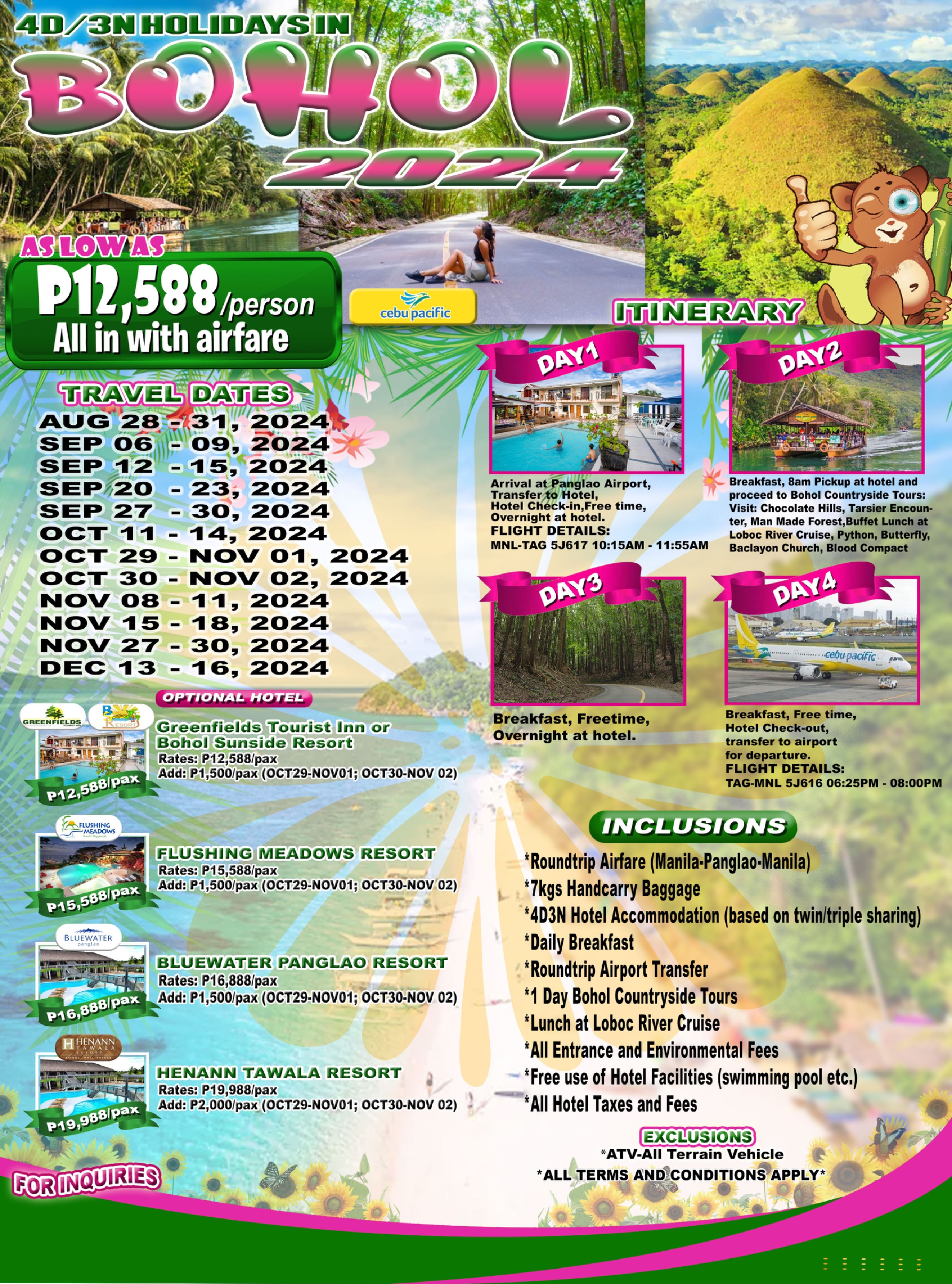 Have a wonderful escapade at one of the world's top tourist paradise. Escape the life's stress and embark on 4 days and 3 nights Bangkok and Pattaya adventure with accommodation, transfers and more for Php 29,888 per person inclusive of roundtrip airfare via Cebu Pacific!! TRAVEL DATES: 2023 SEPT 7-SEP 10 OCT 12- SEP15 OCT 19- OCT 22 OCT 29-NOV 1 OCT 30-NOV 2 NOV 16- NOV19 NOV 30-DEC 3 DEC 9-DEC12 DEC 14-DEC 17 2024 JAN 18-JAN 21 FEB 13-FEB 16 FEB 14- FEB17 FEB 22-FEB 25 MAR 28-MAR 31 APR 6-APR9 APR 7-APR10  APR 25-APR28 APR 30- MAY 3 MAY 1- MAY 4 ITINERARY: DAY 1:  MANILA - BANGKOK - PATTAYA (L/D) Arrival at BKK Airport, meet and greet. Drive to Pattaya. Visit Nong Nooch Village + Tropical Garden. Lunch at the Village. Visit at the Sanctuary of Truth. Seafood Buffet dinner. Drive to Bangkok, hotel check-in. Overnight.  DAY 2:  BANGKOK (B/L/D) Breakfast at hotel. Proceed to Damnoen Suduak Floating Market. Lunch. Proceed to Bangkok City tour (visit Wat Arun, Gems Gallery, Wat Traimit and Standing Buddha) Dinner at Local Thai Restaurant. Overnight in Bangkok. DAY 3: BANGKOK (B) Breakfast at hotel. Free time for shopping at the heart of Bangkok. Overnight.  DAY 4:  BANGKOK - MANILA (B) Hotel check out. Transfer to airport for departure For inquiries and bookings, send us a DM for faster transaction or email us: info@estelartravelph.com.   Call/Text (WhatsApp) : 0921-8155169 ; 0998-9629061 ; 0917-8772849